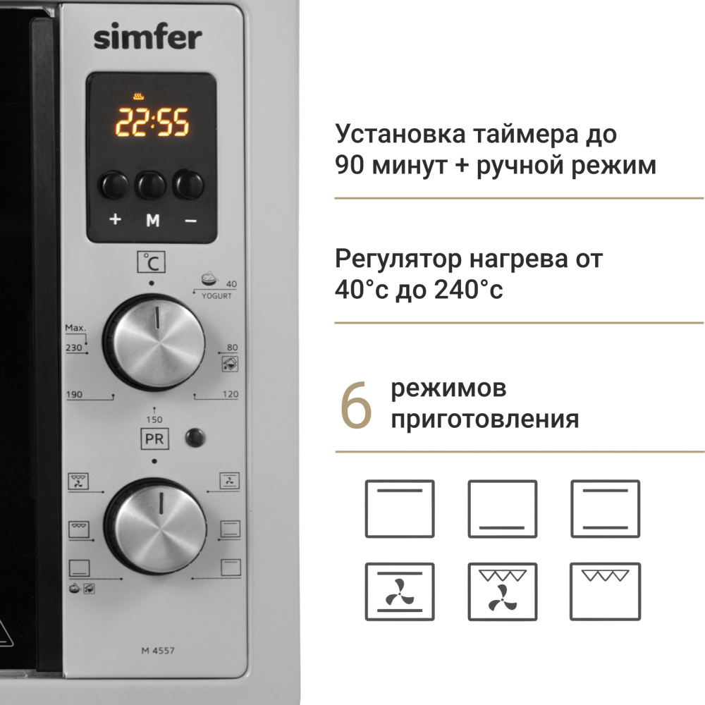 Мини-печь Simfer M4557 серия Albeni Plus Comfort, 6 режимов, утапливаемые ручки, конвекция, гриль в Москвe