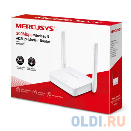 Беспроводной маршрутизатор ADSL Mercusys MW300D 802.11bgn 300Mbps 2.4 ГГц 3xLAN белый в Москвe