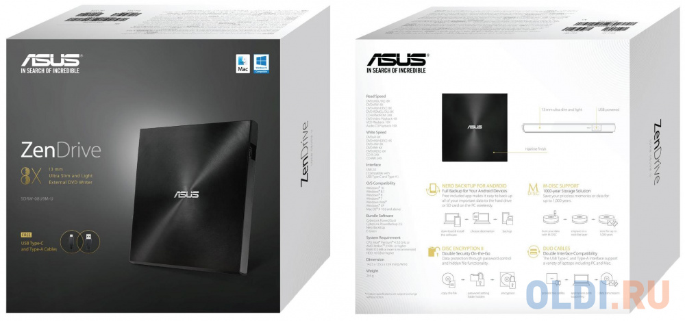 Внешний привод DVD±RW ASUS SDRW-08U9M-U USB 2.0 черный Retail