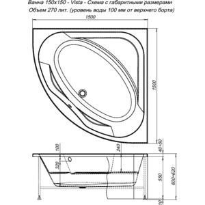 Акриловая ванна Aquanet Vista 150x150 с каркасом и панелью (254389, 254383)