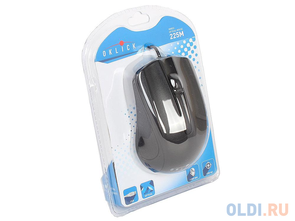 Мышь Oklick 225M черный оптическая (1200dpi) USB (2but)