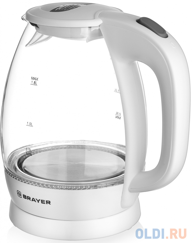 Чайник BRAYER BR1013WH, 1,8 л, 2200 Вт, закрытый нагревательный элемент, стекло, белый