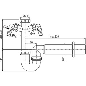 Сифон для кухонной мойки AlcaPlast с накидной гайкой 6/4'' и двумя штуцерами (A82-DN50)
