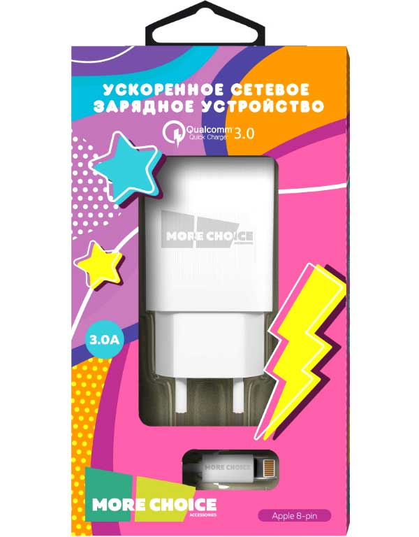 Сетевое зарядное устройство More choice 1USB 3.0A QC3.0 для Lightning 8-pin NC52QCi (White) в Москвe