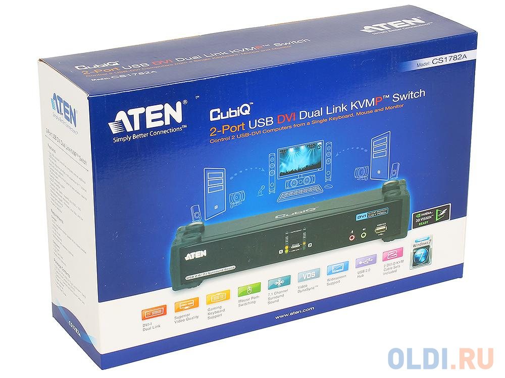 Переключатель KVM ATEN (CS1782A-AT-G) KVM+Audio+USB 2.0,  1 user USB+DVI =>  2 cpu USB+DVI, со шнурами USB 2х1.8м., 2560x1600 60Hz DVI-D Dual Link/