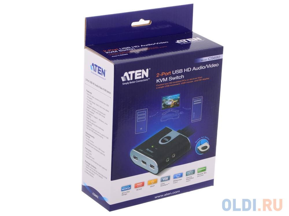 Переключатель KVM ATEN (CS692-AT) KVM+Audio,  1 user USB+HDMI =>  2 cpu USB+HDMI, со встр.шнурами USB+Audio 2x1.2м., 1920x1200, настол., исп.станда