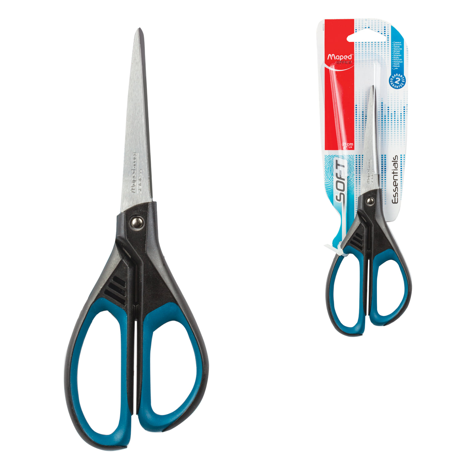 Ножницы MAPED (Франция) Essentials Soft, 210 мм, прорезиненные ручки, черно-синие, европодвес, 469210, 468310