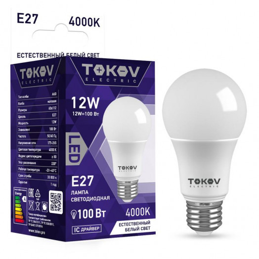 Лампа светодиодная E27 груша, 12Вт, 4000K-4000K / белый, 1000лм, TOKOV ELECTRIC (TKE-A60-E27-12-4K)