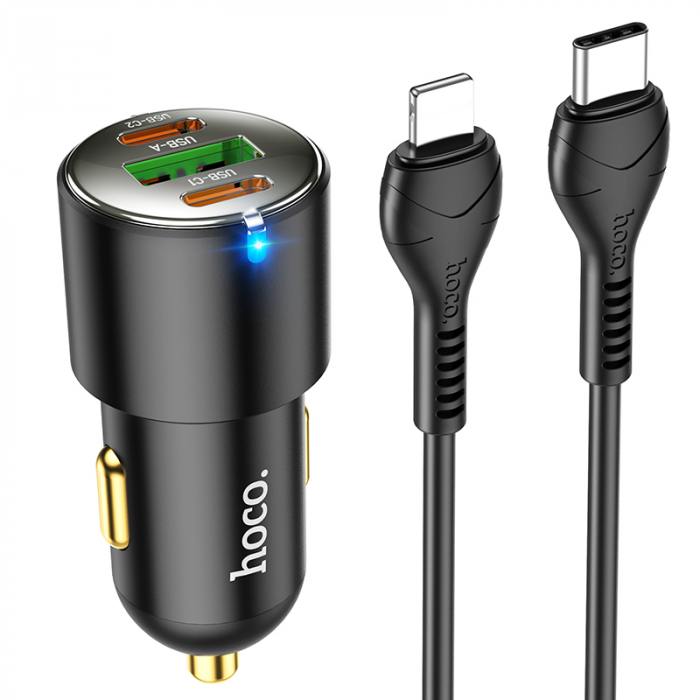 Автомобильное зарядное устройство Hoco NZ6, USB, 2xUSB Type C, 3А, 45 Вт, QC, PD, кабель Lightning 8-pin, черный (6931474765192)