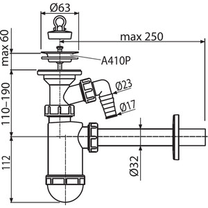 Сифон для раковины AlcaPlast D32 с нержавеющей решеткой D63, штуцер (A410P)