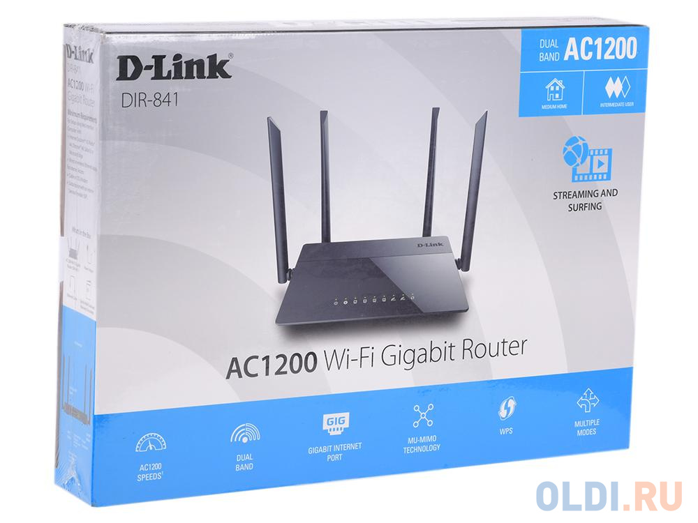 Маршрутизатор D-Link DIR-841/RU/A1A Беспроводной двухдиапазонный маршрутизатор AC1200 с гигабитным WAN-портом и поддержкой технологии MU-MIMO