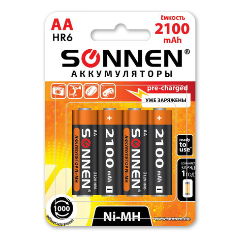Аккумулятор SONNEN, AA, HR06, 1.2V 2.1 А·ч, 4 шт. (455606)