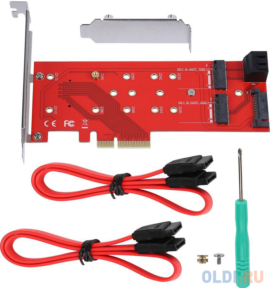 ORIENT C298E, Переходник PCI-E 4x->NGFF (M.2) M-key PCI-E SSD + 2xSATA->2xNGFF (M.2) B-key SSD, тип 2230/2242/2260/2280, SATA кабель - 2шт. в ко