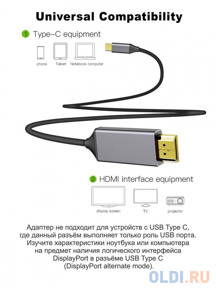 Кабель-адаптер USB 3.1 Type-Cm --> HDMI A(m) 4K@60Hz, 1.8m ,Aluminium Shell,VCOM <CU423MC-1.8M>