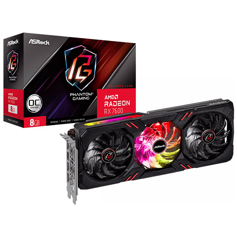 Видеокарта ASRock Radeon RX 7600 Phantom Gaming 8G OC 2355MHz PCI-E 4.0 8192Mb 18000MHz 128-bit HDMI 3xDP RX7600 PG 8GO