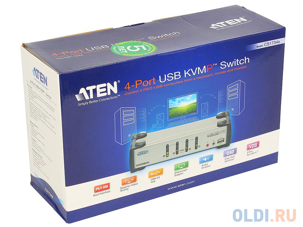 Переключатель ATEN KVM Switch CS1734B-A7-G 4 cpu PS2/USB+VGA, со шнурами USB 2х1.2м.+2х1.8м., 2048x1536, настол., исп.спец.шнуры, OSD, некаскад.