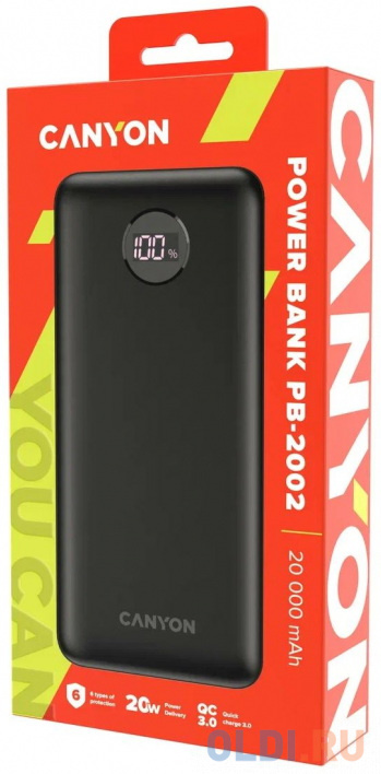 CANYON  PB-2002 Power bank 20000mAh Li-poly battery, Input Type-C 5V3A,9V2A,18W  , Output Type-C:5V3A,9V2.2A,12V1.5A,20W, Output USBA1/USBA2:5V3A,5V/4