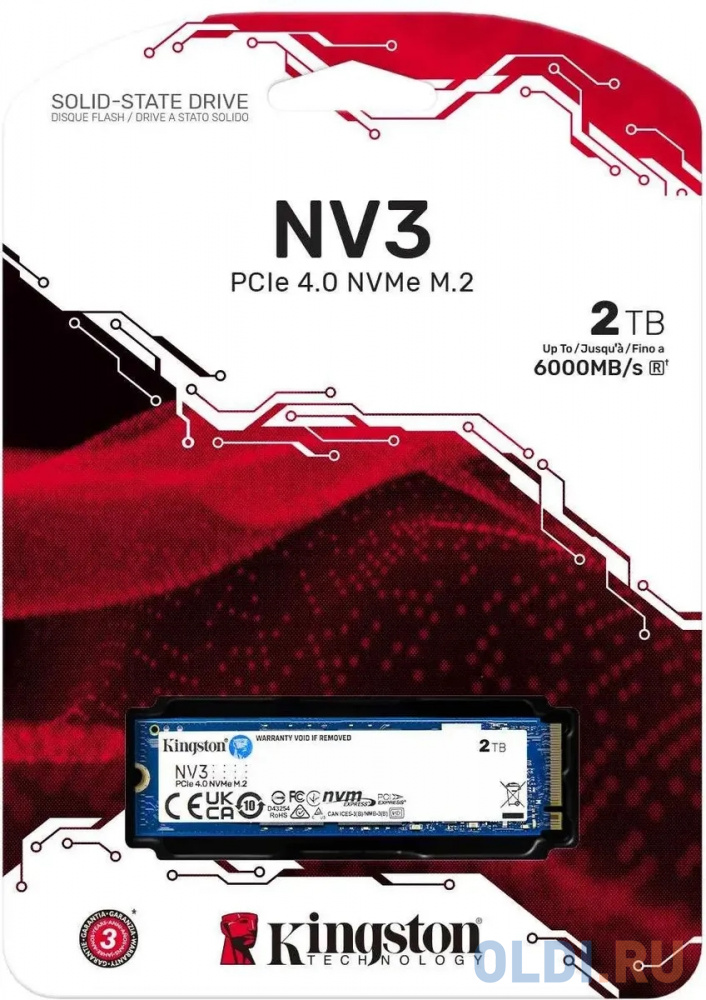 SSD KINGSTON NV1 2Тб M.2 NVMe 3D NAND TLC Скорость записи 5000 Мб/сек. Скорость чтения 6000 Мб/сек. 2.3mm TBW 640 Тб Время наработки на отказ 2000000