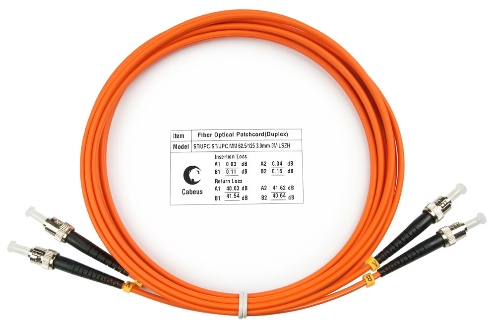 Патч-корд оптический Cabeus FOP-62-ST-ST-3m, ST/UPC-ST/UPC, многомодовый, 62.5/125, OM1, двойной, 3 м, LSZH, оранжевый (FOP-62-ST-ST-3m)