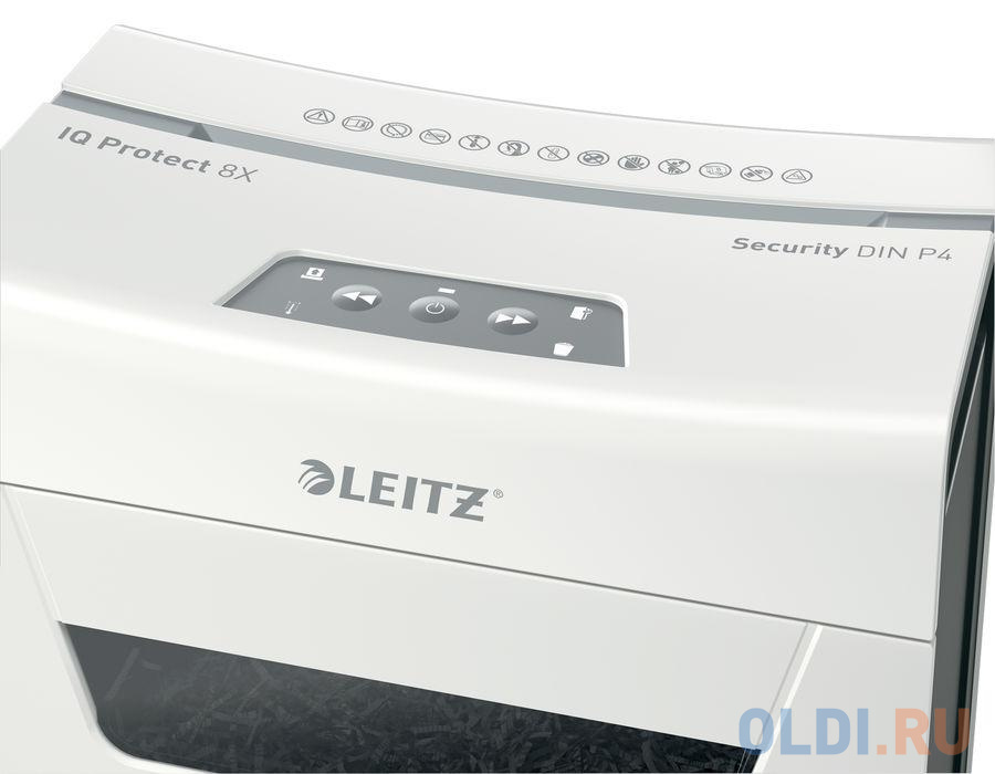 Шредер Leitz IQ PROTECT Premium 8X белый (секр.P-4)/фрагменты/8лист./14лтр./скрепки/скобы