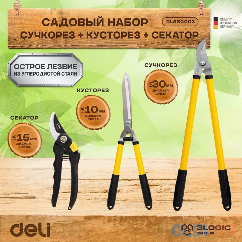 Набор сучкорез, кусторез, секатор Deli DL580003 Набор из трёх предметов. Сталь 55С. Термообработанная поверхность. Ручка с полипропиленновым покрытием