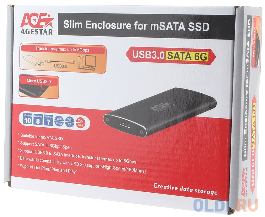 AgeStar 3UBMS2 (BLACK) USB 3.0 Внешний корпус mSATA, алюминий, черный