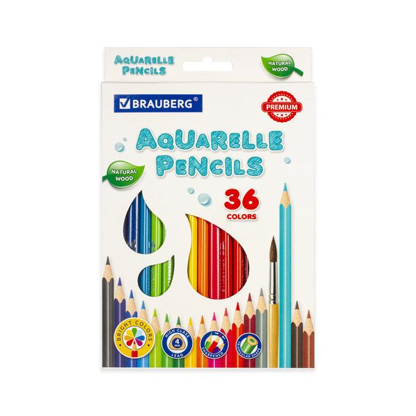 Карандаши цветные акварельные BRAUBERG PREMIUM AQUARELLE, 36 цветов, грифель мягкий 4 мм, 181674