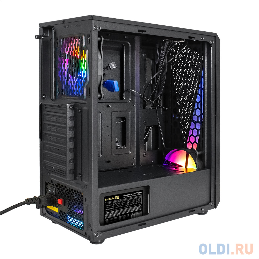 Корпус Miditower ExeGate EVO-8225-EVO800 (ATX, БП EVO800RGB с вент. 12см, 2*USB+1*USB3.0, черный, 2 вент. с RGB подсветкой и полоса на передней панели в Москвe