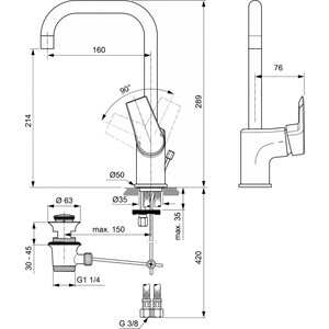 Смеситель для раковины Ideal Standard Tesi с донным клапаном, хром (A6571AA) в Москвe