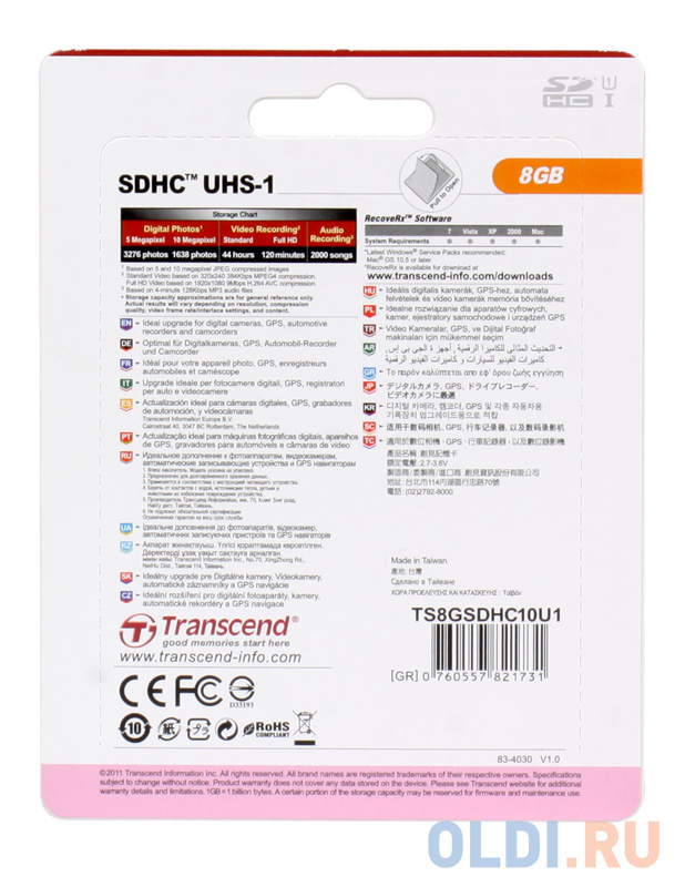 Карта памяти SDHC 8Gb Transcend UHS-I Class10 (TS8GSDHC10U1)