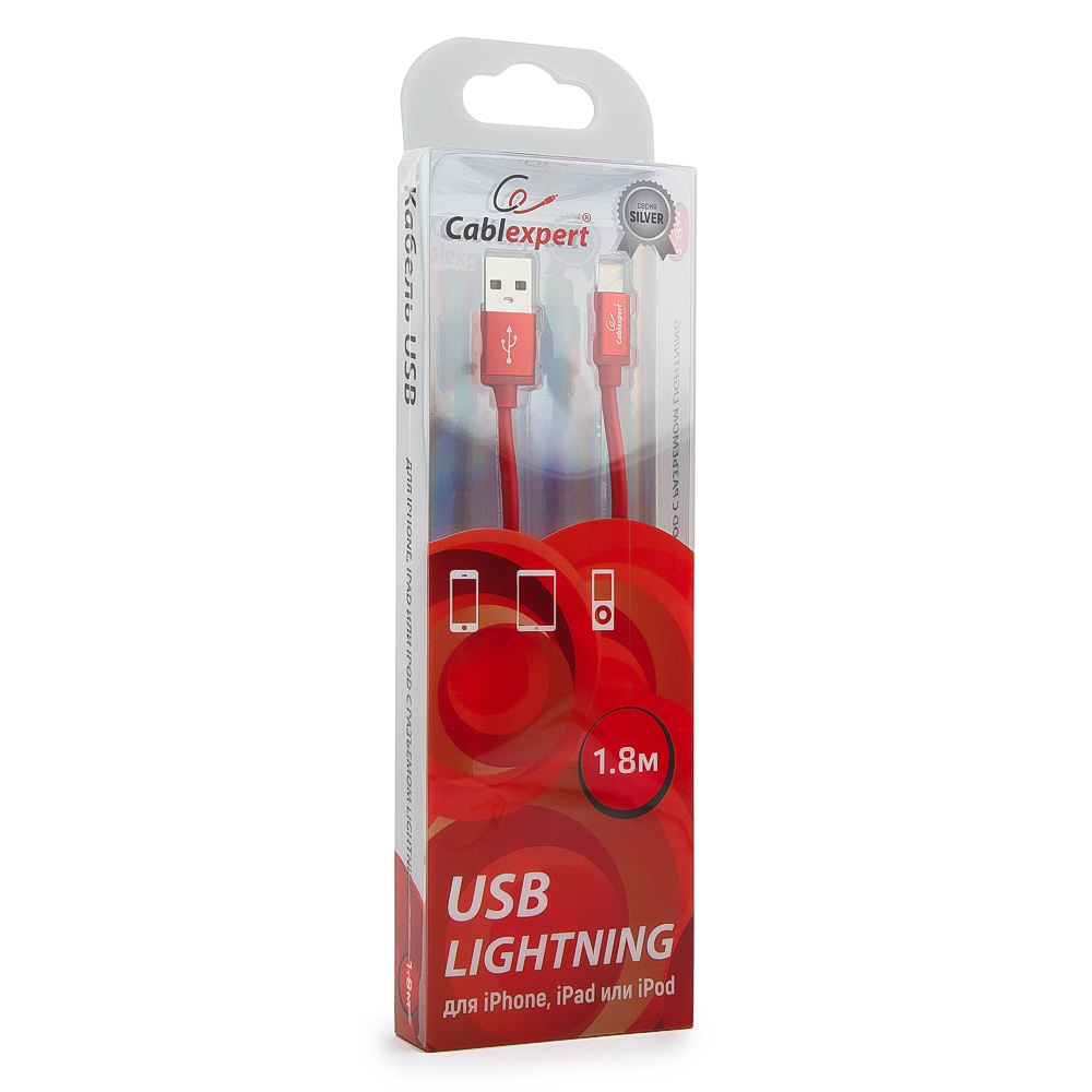 Кабель USB2.0(Am)-Lightning, Cablexpert , 1.8m, красный, блистер (CC-S-APUSB01R-1.8M)