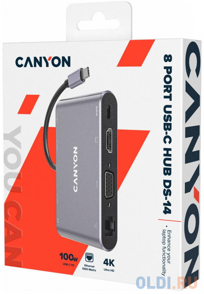 Концентратор USB Type-C Canyon CNS-TDS14 3 х USB 3.0 RJ-45 HDMI USB Type-C VGA mini-Jack3.5 серый