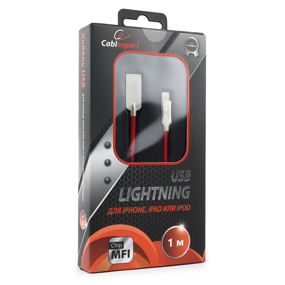 Кабель USB2.0(Am)-Lightning 8-pin, Cablexpert, 1m, красный, серия Platinum, блистер (CC-P-APUSB02R-1M)