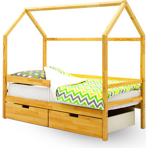 Бельмарко Детская кровать-домик Svogen натура (без покрытия) + ящики 2 шт + бортик ограждение
