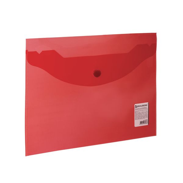 Папка-конверт с кнопкой МАЛОГО ФОРМАТА (240х190 мм), А5, прозрачная, красная, 0,15 мм, BRAUBERG, 224026, (50 шт.)