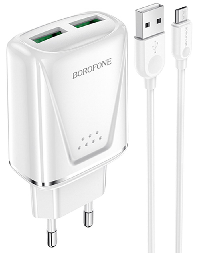 Сетевое зарядное устройство Borofone BA54A Wide 10W, 2USB, Quick Charge, 1.5A, белый, кабель microUSB