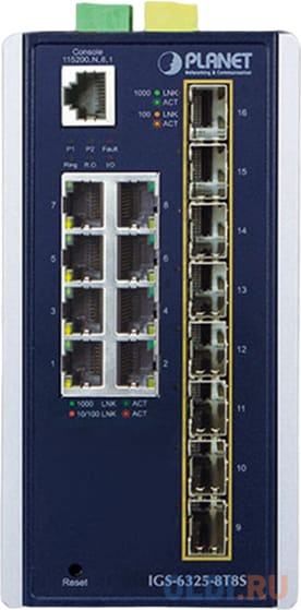 коммутатор/ PLANET IGS-6325-8T8S IP30 Industrial L3 8-Port 10/100/1000T + 8-port 1G/2.5G SFP Full Managed Switch (-40 to 75 C, dual redundant power in