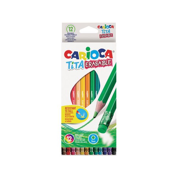 Карандаши цветные стираемые с резинкой CARIOCA "Erasable", 12 цветов, пластик, шестигранные, заточенные, 42897