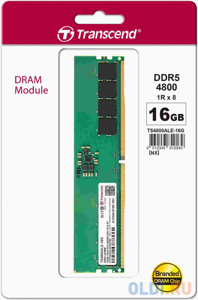 Оперативная память для компьютера Transcend TS4800ALE-16G UDIMM 16Gb DDR5 4800 MHz TS4800ALE-16G