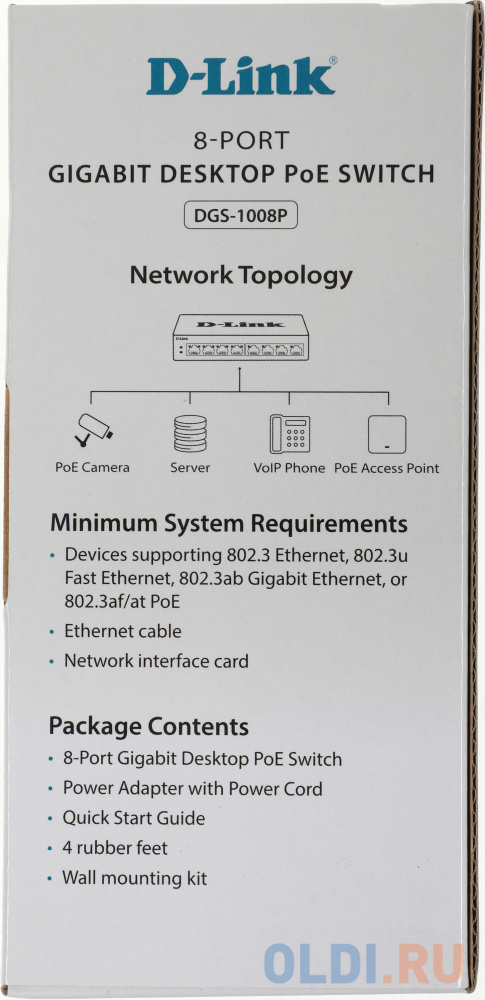 Коммутатор D-Link DGS-1008P/F1A 8G 4PoE+ 80W неуправляемый