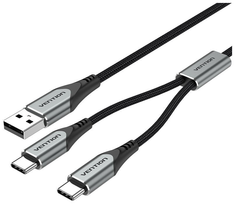 Кабель 2xUSB 2.0 Type-C(m)-USB 2.0(Am), экранированный, 2.4A быстрая зарядка, 1м, черный/серебристый Vention (CQOHF)
