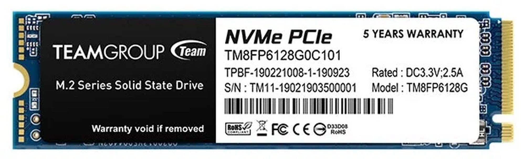 Накопитель SSD Team Group M.2 2280 MP33 128 Gb PCIe 3.0 x4 NVMe 3D NAND TLC TM8FP6128G0C101