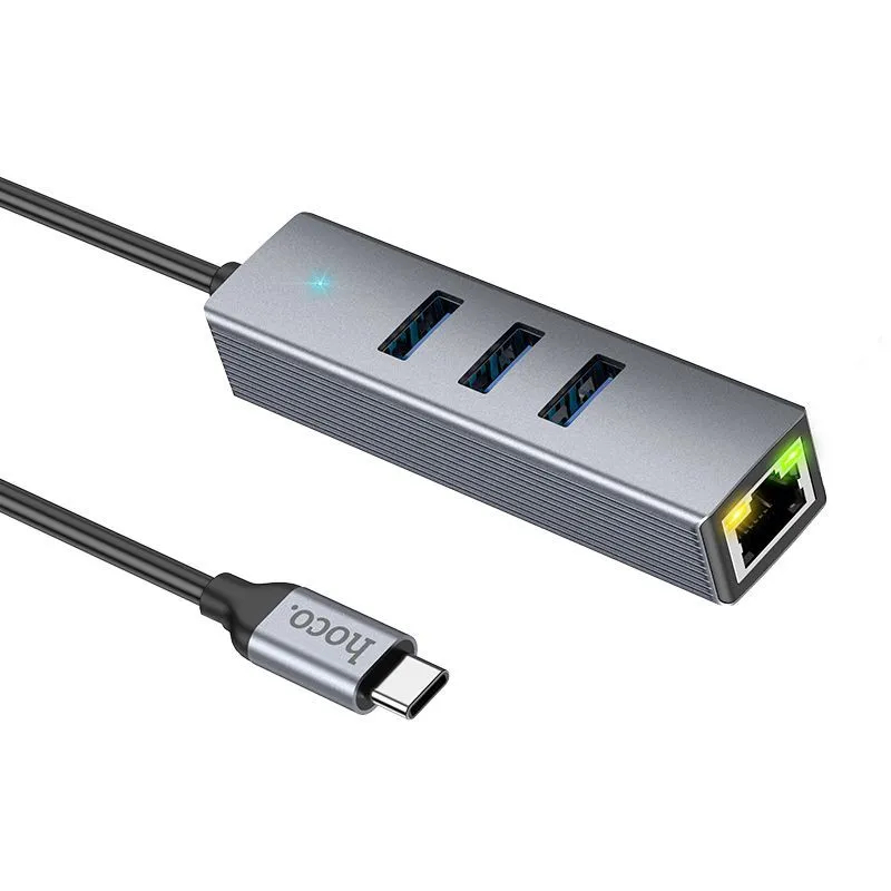 Хаб USB Hoco HB34 Easy 3xUSB 3.0/RJ45 + кабель Type-C Grey 6931474794543