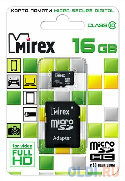 Флеш карта microSD 16GB Mirex microSDHC Class 10 (SD адаптер) в Москвe