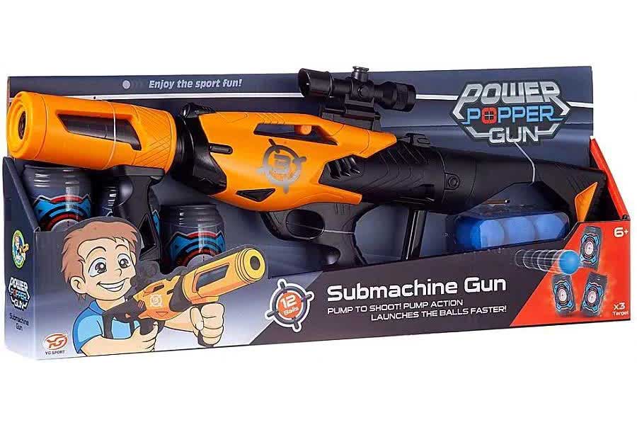 Бластер Submachine gun с мягкими пулями 3 банки-мишени(9х5,5х2см), 12 пуль(D=2,5см) YG04P