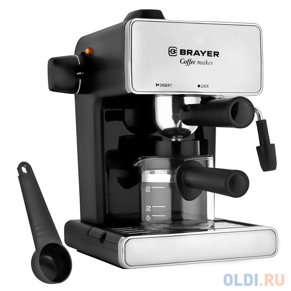 Кофеварка рожковая BRAYER BR1103, 950Вт, объем 1,2л, 4 бар, ручной капучинатор, серебро