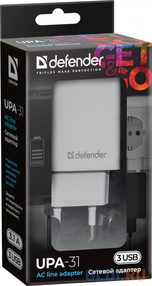 Defender Сетевой адаптер 3xUSB, 5V/3.1А , белый (UPA-31) (83587)