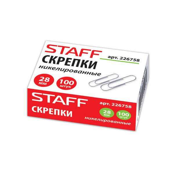 Скрепки STAFF, 28 мм, никелированные, 100 шт., в картонной коробке, 226758, (20 шт.)