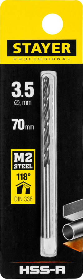 Сверло ⌀3.5 мм x 7 см/3.9 см, сталь М2, по металлу, STAYER Professional, 1 шт. (29602-3.5)