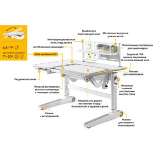 Детский стол Mealux Kingwood Multicolor TG + BD P-18 TG (BD-820 TG Multicolor + BD P-18 TG) столешница беленый дуб/накладки на ножках серые